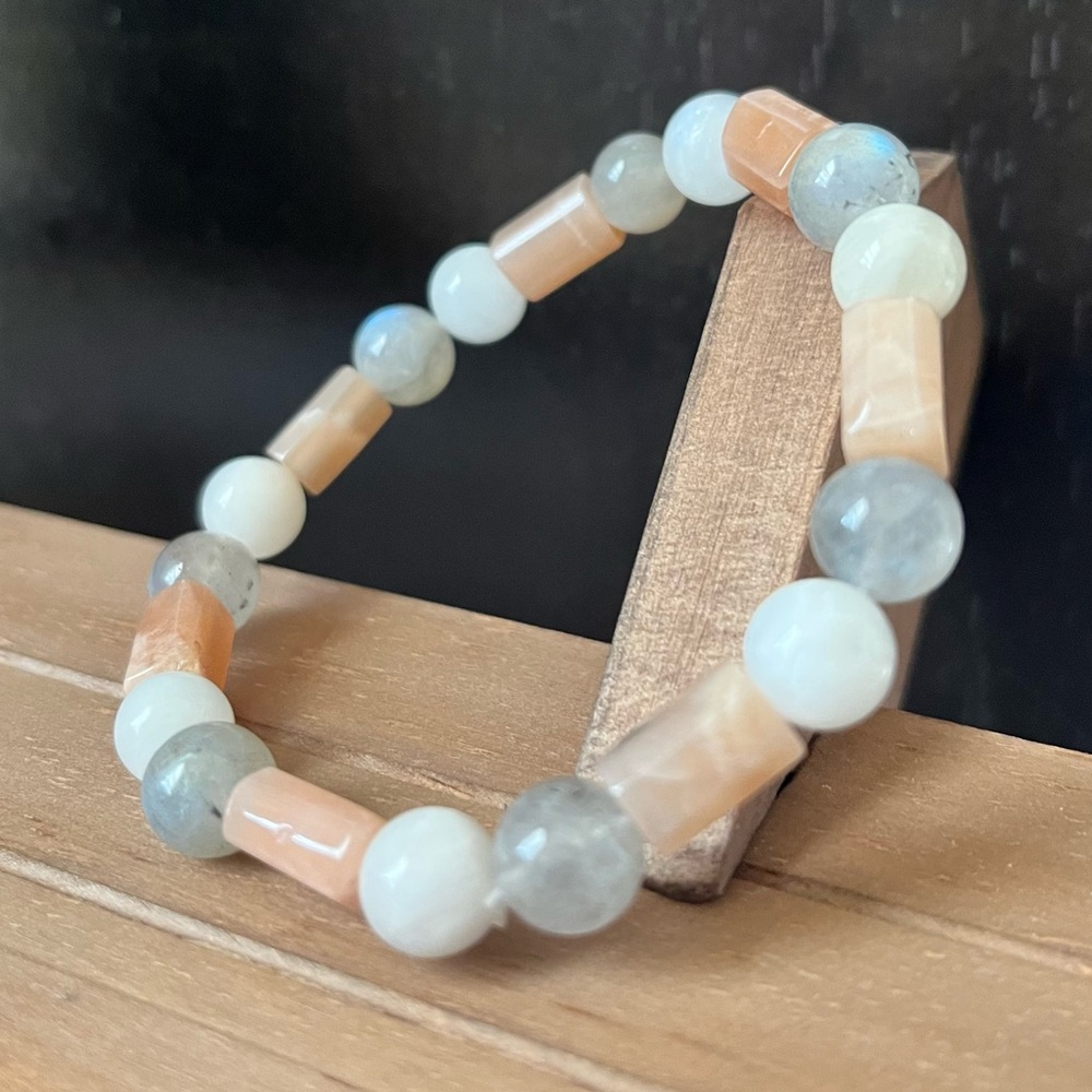 Sunstone, Moonstone & Labradorite Natural Stone Crystal Beaded Stretch Bracelet